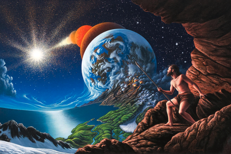 a painting of a man holding a pole in front of a planet