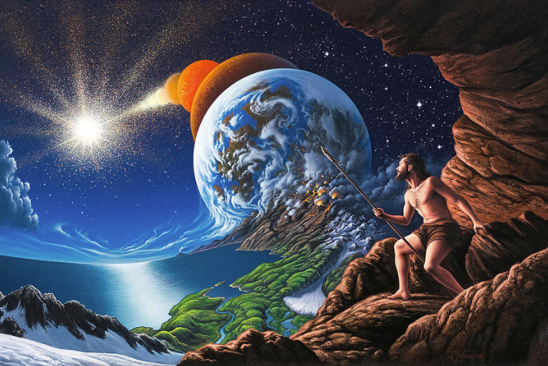 a painting of a man holding a pole in front of a planet