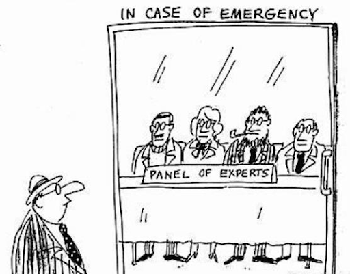 a cartoon depicting a panel of experts in case of emergency