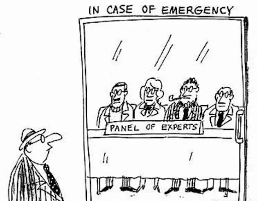 a cartoon depicting a panel of experts in case of emergency
