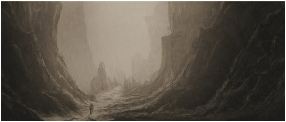 a person standing in a narrow canyon with fog