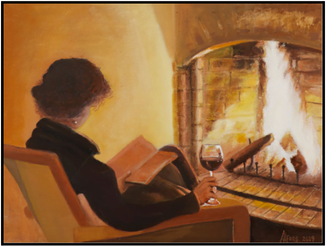 a painting of a woman sitting in a chair with a glass of wine