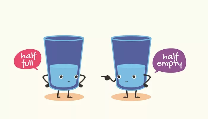 two blue cups with arms and legs, one has a thought bubble