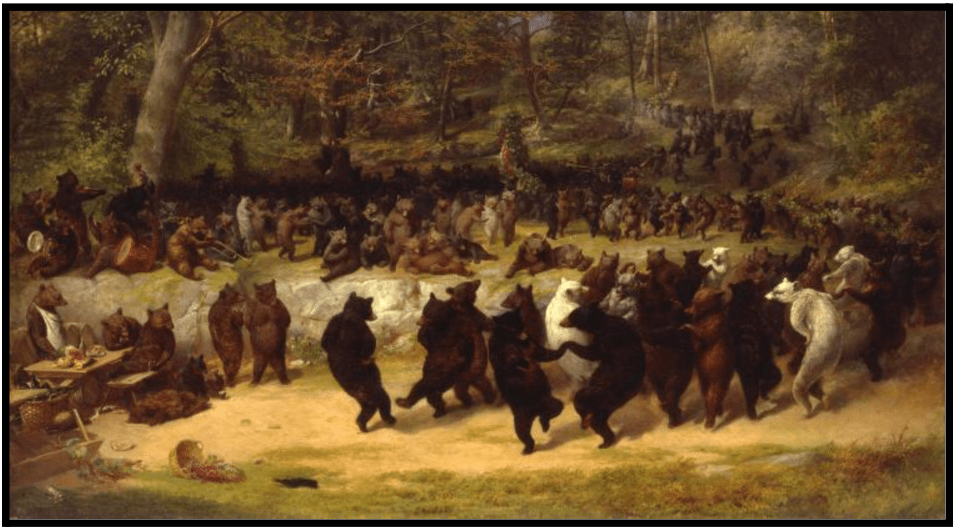 a painting of horses and riders in a wooded area