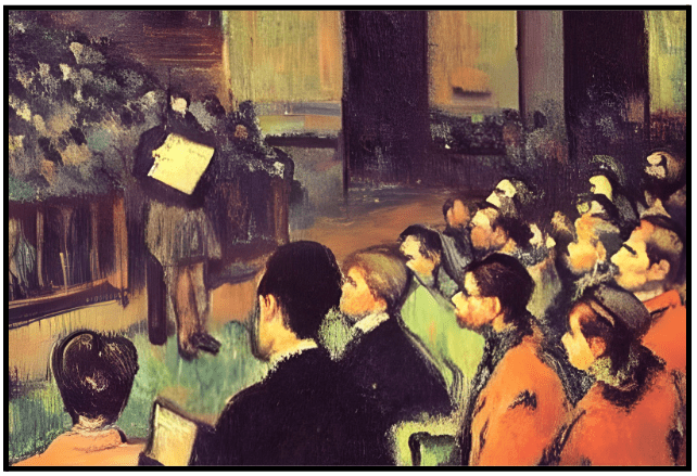 a painting of a man giving a lecture to a group of people