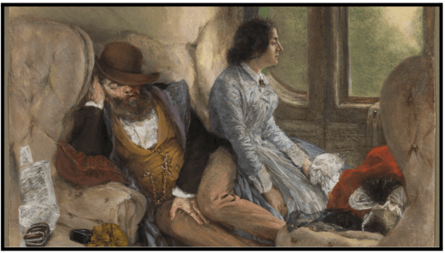 a painting of two people sitting on a couch