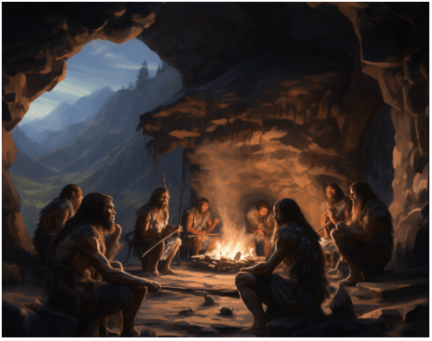a group of people sitting around a fire in a cave