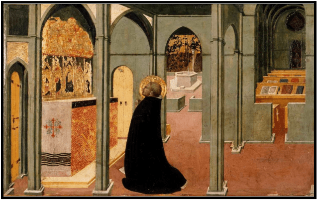 a painting of a woman standing in a church