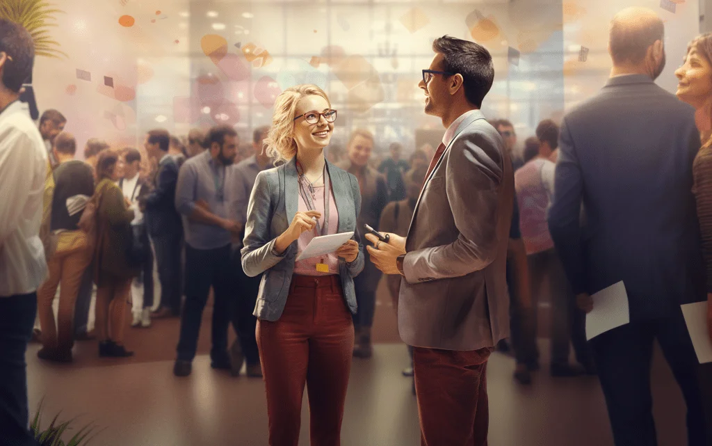 a man and woman standing in front of a crowd of people