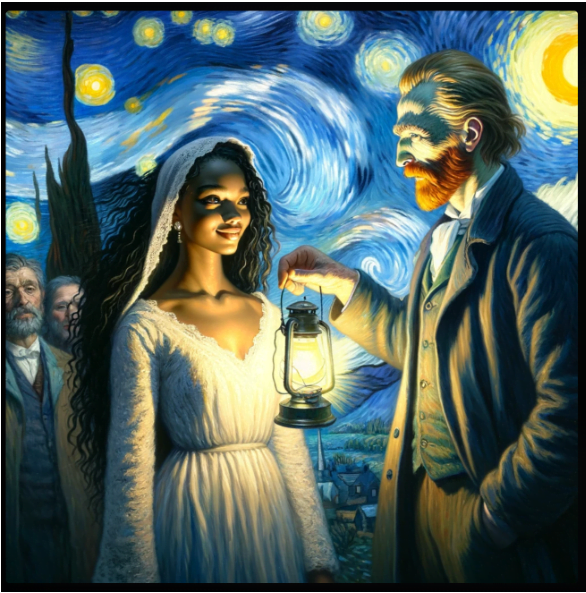a painting of a man and woman holding a lantern