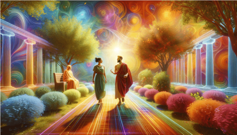 a painting of two people walking down a pathway