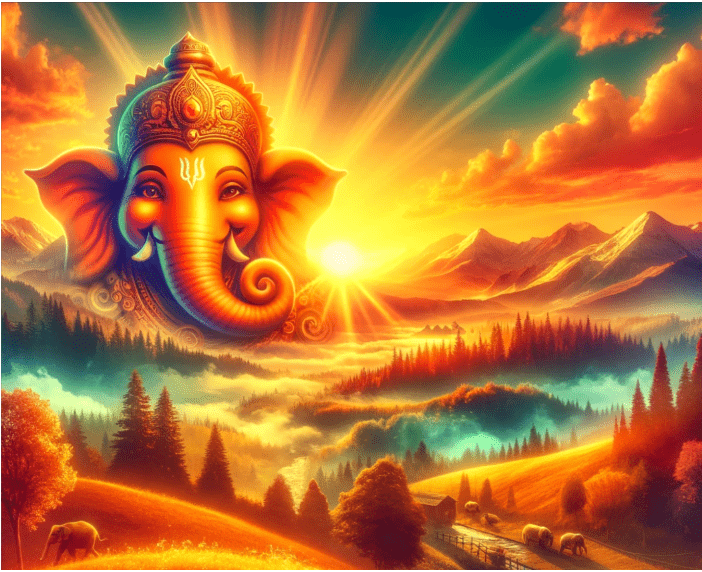 a painting of an elephant with the sun behind it