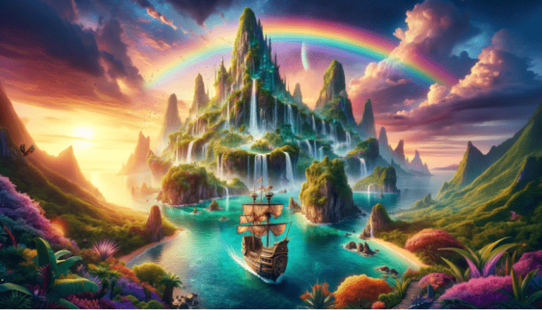 a painting of an island with a rainbow in the sky