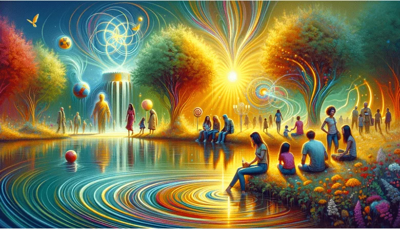 a painting of people sitting on the edge of a lake
