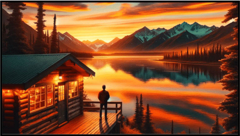 a painting of a man standing on a dock looking at the sunset