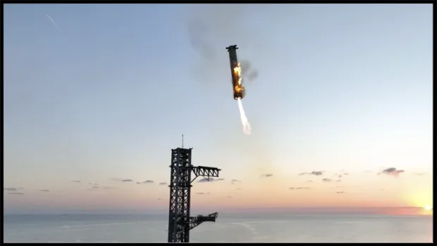 Space X catching the Starship rocket booster with mechanical arms on October 13, 2024.